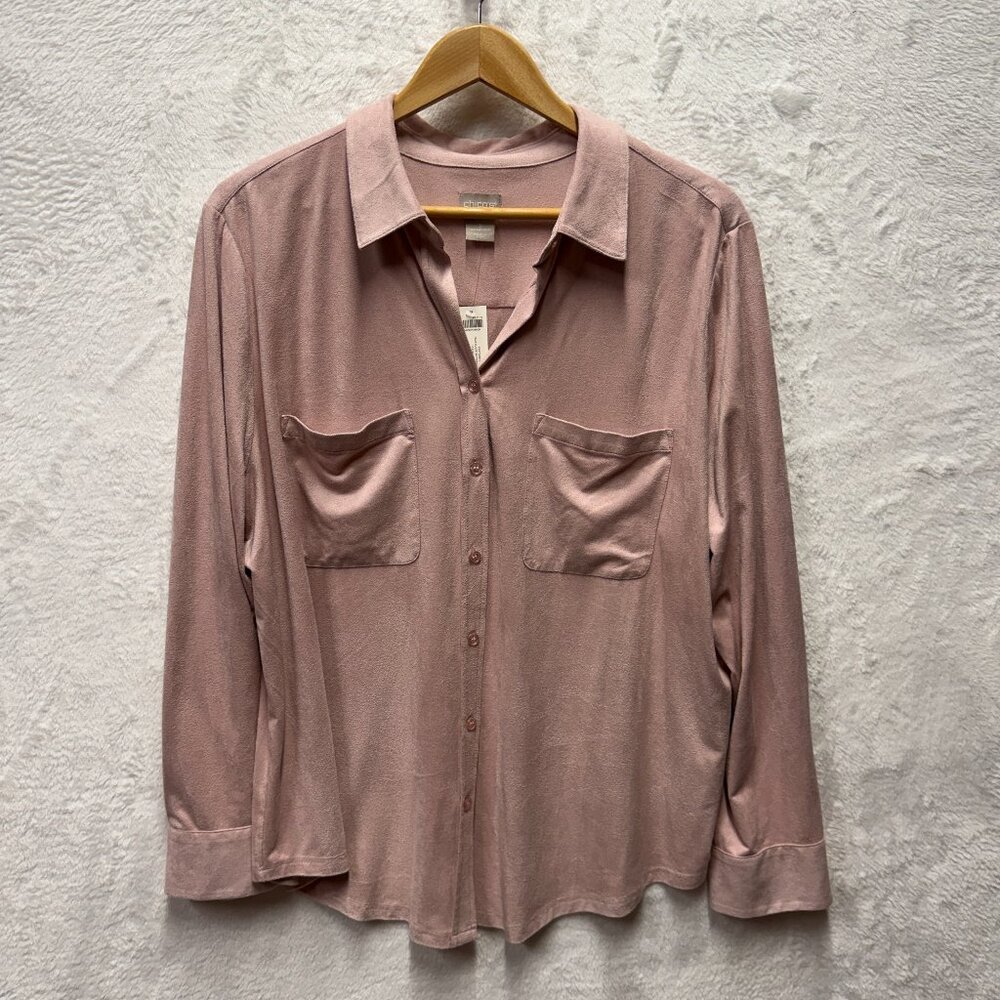 Chico's Faux Suede Button Up Easy Shirt Womens 3 XL‎ Sz 16 Venetian Pink Casual